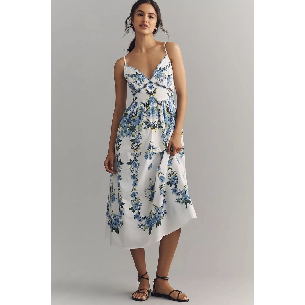 By Anthropologie Cotton Scalloped Midi Dress MSRP $228 NWT Size XS